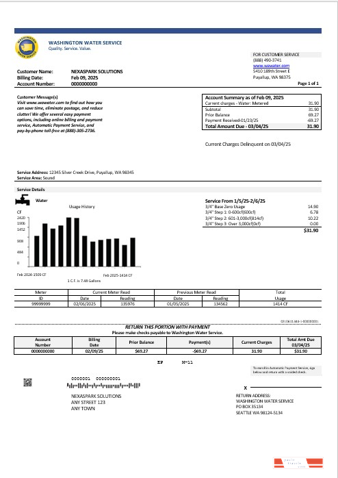 USA Washington Water Service business utility bill template in Word and PDF formats